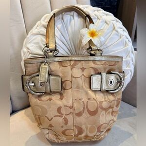 Coach Tote Optic C Signtaure Gold Metallic Leather Canvas Tote Handbag #0498